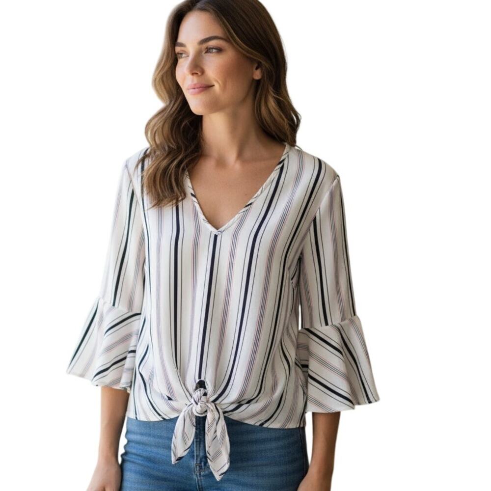 Lavender Field Bell Sleeve Blouse Womens Medium White Striped Tie Waist Top